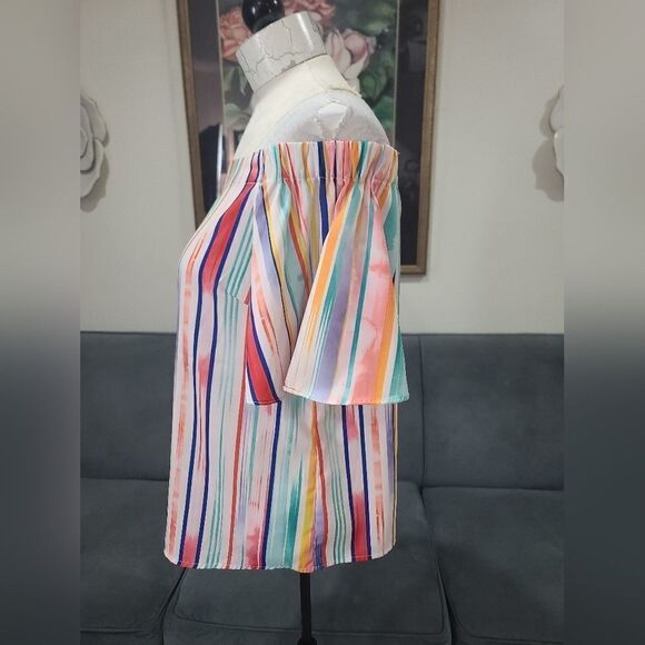 Do + BE Colorful Off Shoulder Silky Vertical Stripes Top - Picture 7 of 14